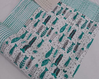 Fish Print Quilt Handmade Kantha Quilt - Indian Block Print Bedding - Cozy Throw Blanket Ideal Fish Lover Bedroom Makeover Fish bedding