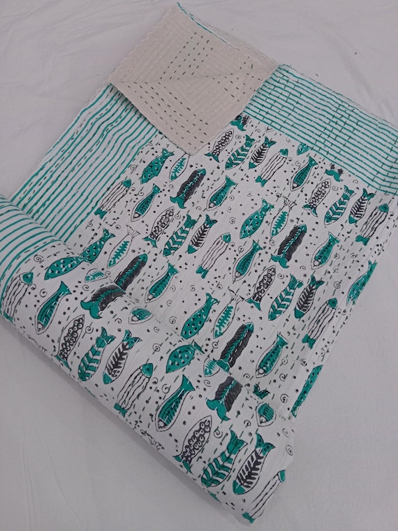 Fish Print Quilt Handmade Kantha Quilt - Indian Block Print Bedding - Cozy Throw Blanket Ideal Fish Lover Bedroom Makeover Fish bedding