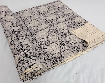 Black Floral Kantha Quilt, Vintage Handmade Bedspread, Boho Throw Blanket