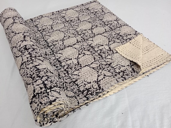 Black Floral Kantha Quilt, Vintage Handmade Bedspread, Boho Throw Blanket