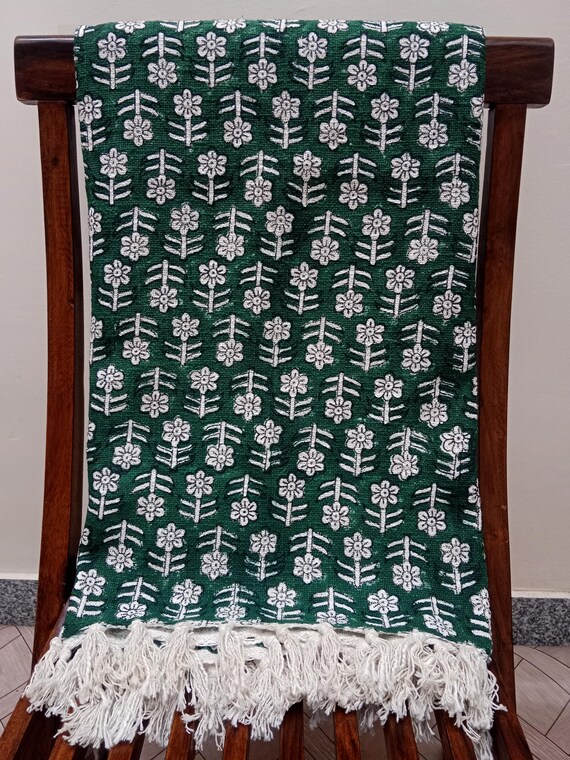 BOHO Floral Throw BLANKET in Block Print With Tassels Hand loomed Block Print Organic Cotton Sofa and Bed Throw Cozy Neutral Decor  Throw.