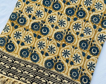 Premium Hand Block Printed Cotton Throw Blanket–Blue Mustard Floral Sofa Throw with Tassels, Boho Farmhouse Bedspread, Indian Handmade Decor