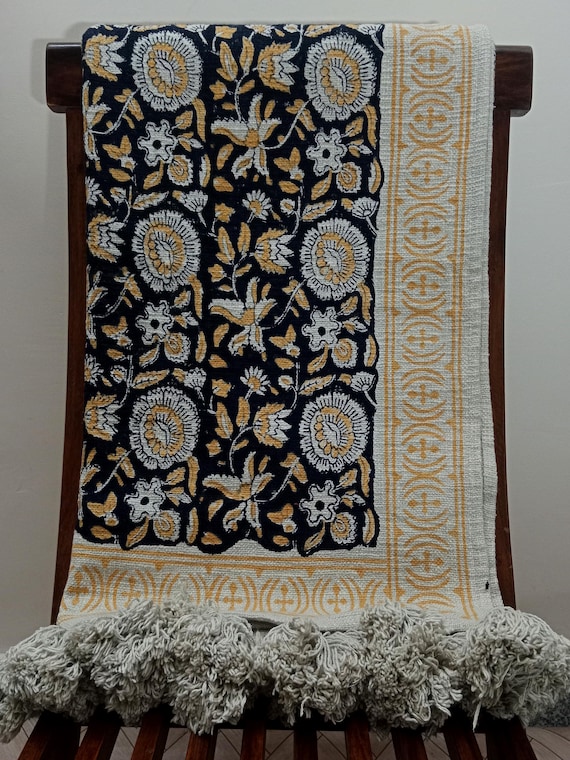 Bohemian Cotton Throw Handmade Blanket with Handblock Print, Boho Tassels & Vintage Design for Sofa, Couch Stylish Home Decor in Cozy Cotton