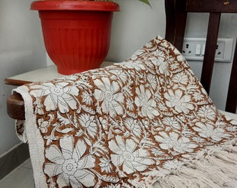 Boho Cotton Throw Blanket – Handwoven with Tassels, Intricate Handblock Print & Vibrant Bohemian Design for Cozy Living Room, Couch