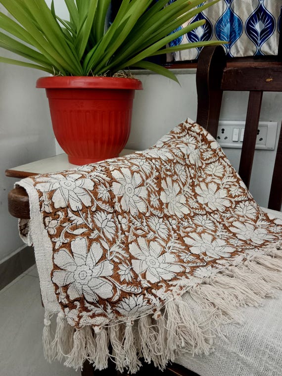 Boho Cotton Throw Blanket – Handwoven with Tassels, Intricate Handblock Print & Vibrant Bohemian Design for Cozy Living Room, Couch