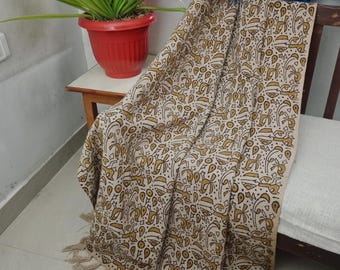 Hand Block Printed Cotton Throw Blanket, Floral Design