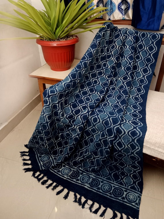 Handwoven Cotton Throw Blanket – Eco-Friendly Handmade Blanket with Boho Tassels, Handblock Print for Bedroom, Premium Soft Cotton Material