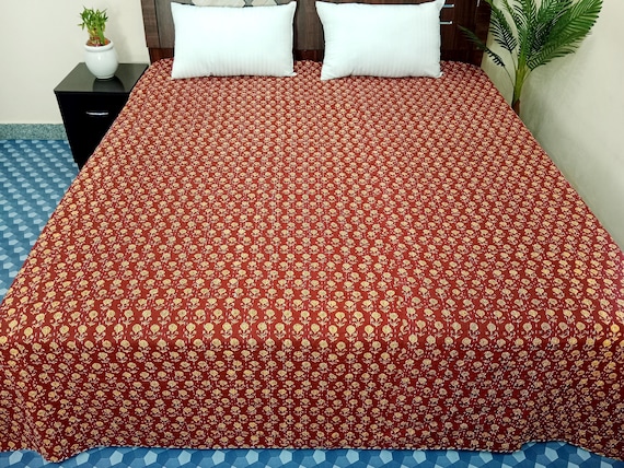 HandBlock Print Kantha Quilt Bedding Floral Handcrafted Cotton Bedspread Handmade Cotton Kantha Quilt Full Size Bedding Bedspread