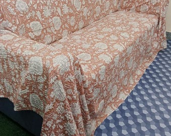 Peach color Floral Kantha Quilt Handmade Cotton Kantha Quilt HandBlock Print Bedding Block lightweight peach coverlet Peach color Bedding