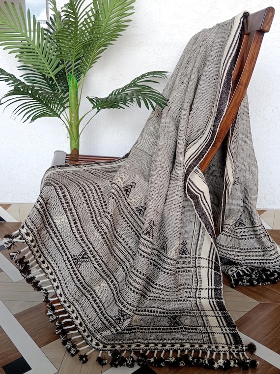 Handmade Bhujodi Wool Throw Blanket | Indian Wool Throw for Sofa or Bed | Cozy Vintage Handwoven Accent for Cottage or Rustic Home Decor