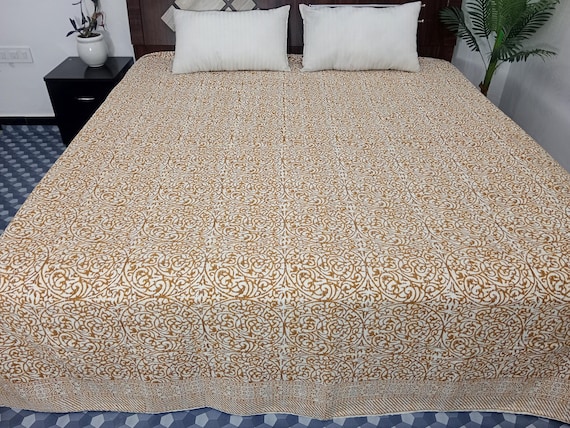 HandBlock Print Bedding Floral Kantha Quilt Handmade Cotton Kantha Quilt Block Print Light Weight Full Size Bedding Bedspread
