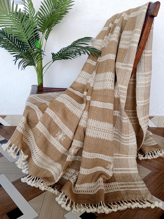 Handwoven Bhujodi Wool Throw Blanket: Indian Decor  Vintage Bohemian Style Winter Blanket for Sofa or Bed, Rustic Warm Handmade Decor Gift