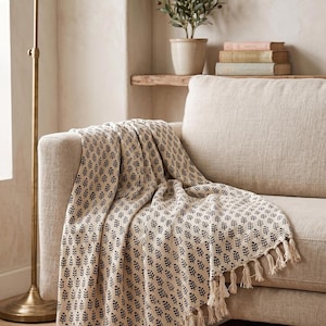 Hand Block Print Cotton Throw Blanket | Black Floral Tassel Fringe Sofa Bedspread