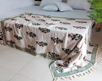 Sofa Décor Room Décor Handmade Throw Handblock print Throw Soft Cotton Throw Blanket  Tassels Hand Loomed Block Print Cotton Sofa Throw