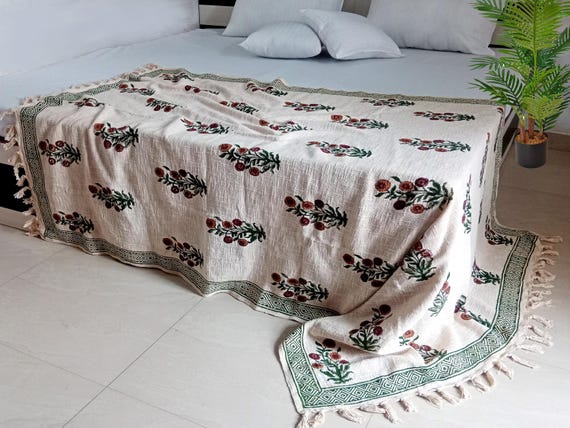 Sofa Décor Room Décor Handmade Throw Handblock print Throw Soft Cotton Throw Blanket  Tassels Hand Loomed Block Print Cotton Sofa Throw