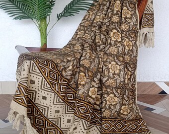 Organic Cotton Hand Block Printed Throw Blanket, Vintage Boho Home Decor