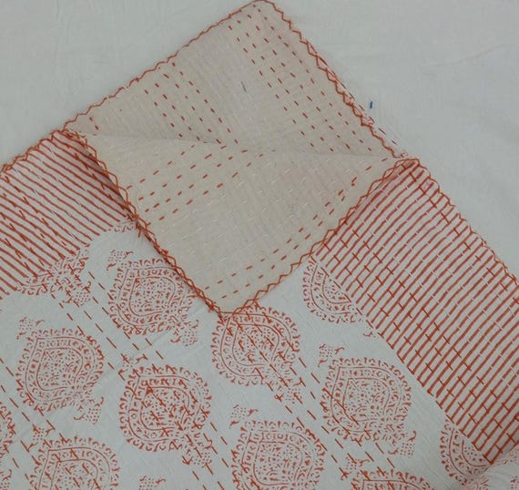 Floral Kantha Quilt Handmade Cotton Kantha Quilt HandBlock Print Bedding Block Print Light Weight Full Size Bedding Bedspread