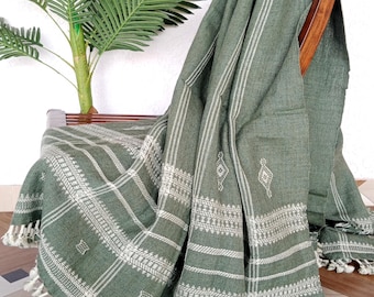 Handwoven Bhujodi Wool Throw Blanket: Teal Green Indian Bed Cover