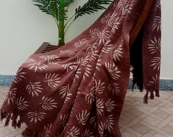 BOHO Floral Throw BLANKET in Block Print With Tassels Hand loomed Block Print Organic Cotton Sofa and Bed Throw Cozy Neutral Decor  Throw.