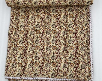 Hand Block Print Cotton Fabric Kantha Quilt – Beige Floral Fabric with Maroon & Mustard Pattern