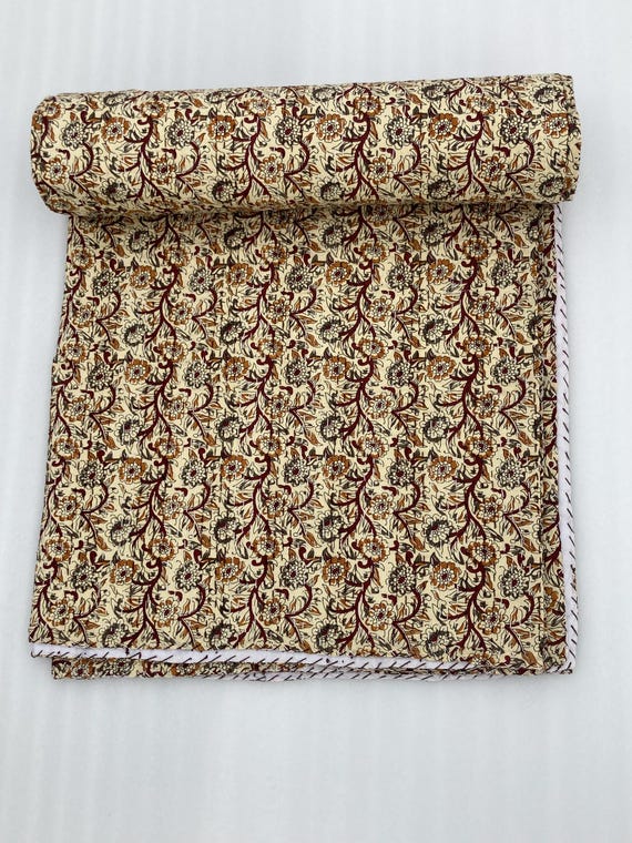Hand Block Print Cotton Fabric Kantha Quilt – Beige Floral Fabric with Maroon & Mustard Pattern