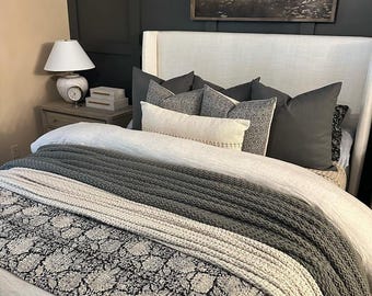 Black Floral Kantha Quilt, Vintage Handmade Bedspread, Boho Throw Blanket