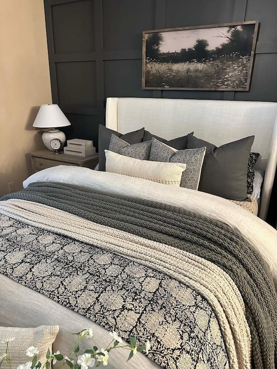Luxury Kelly Black Floral Kantha Quilt, Vintage Handmade Quilted Bedspread, Hand Block Print Throw Blanket, Boho Bedding Home Decor Gift.