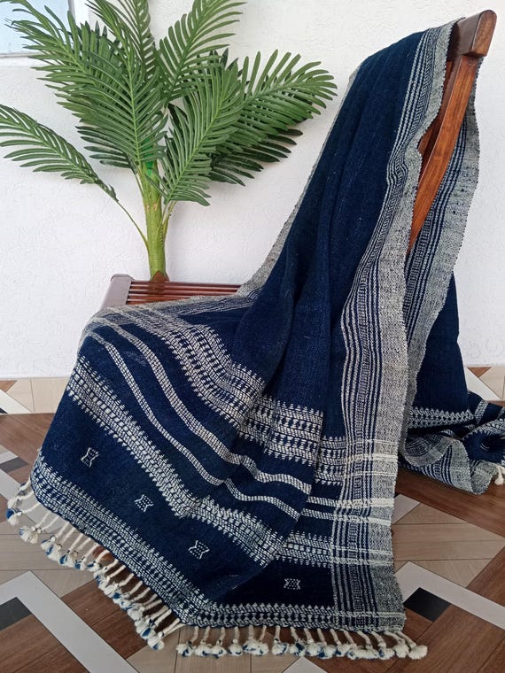 Handmade Bhujodi Wool Throw Blanket | Indian Wool Throw for Sofa or Bed | Cozy Vintage Handwoven Accent for Cottage or Rustic Home Decor