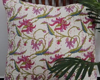 Handmade Floral Kantha Cushion-Pillow Cover, Hand-stitched Cotton Cushion