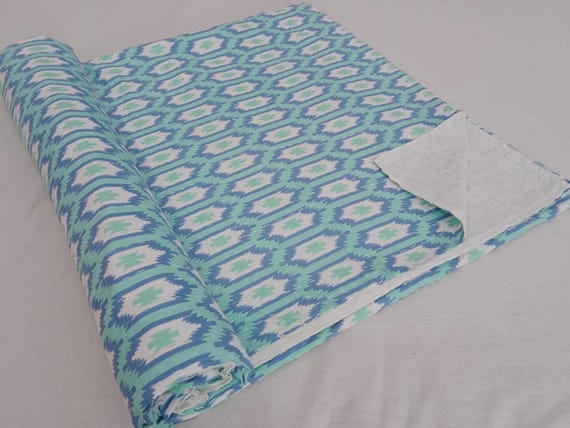 Handmade Kantha Quilt, Floral Block Print Cotton Quilt, Blue Multicolor Bedspread, Lightweight Blanket, Boho Bedding Queen Coverlet