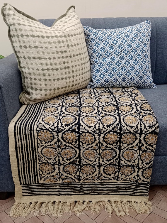 Handmade Floral Throw Blanket Hand Block Printed Throw Cotton Throw Blanket Couch Sofa/Bed Throw for Decor and Bedroom Housewarming Gift.