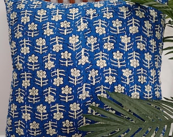 Handmade Kantha Pillow Cover: Hand Block Print, Floral Cotton Cushion kantha Quilt