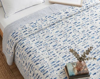 Blue Fish Kantha Quilt Indian Block Print Bedding Cozy Throw Blanket Gift