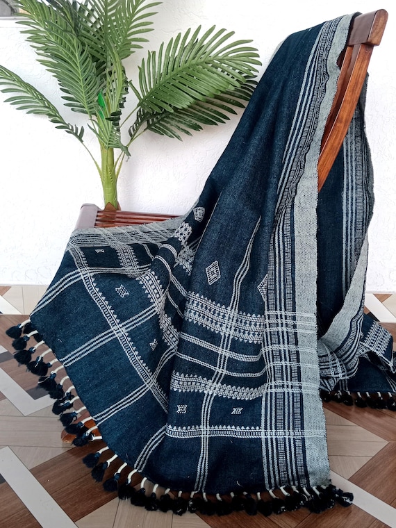 Indian Wool Throw for Sofa or Bed | Handmade Bhujodi Woolen Throw Blanket | Cozy Vintage Handwoven Accent for Cottage or Rustic Home Decor