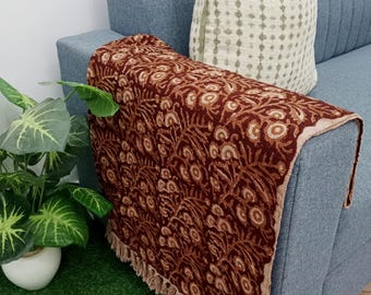 Handwoven Organic Cotton Throw Blanket – Handblock Print Boho Tassels, Cozy Bed Accent