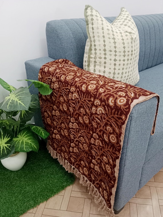 Handwoven Cotton Throw Blanket – Eco-Friendly Handmade Blanket with Boho Tassels, Handblock Print for Bedroom, Premium Soft Cotton Material