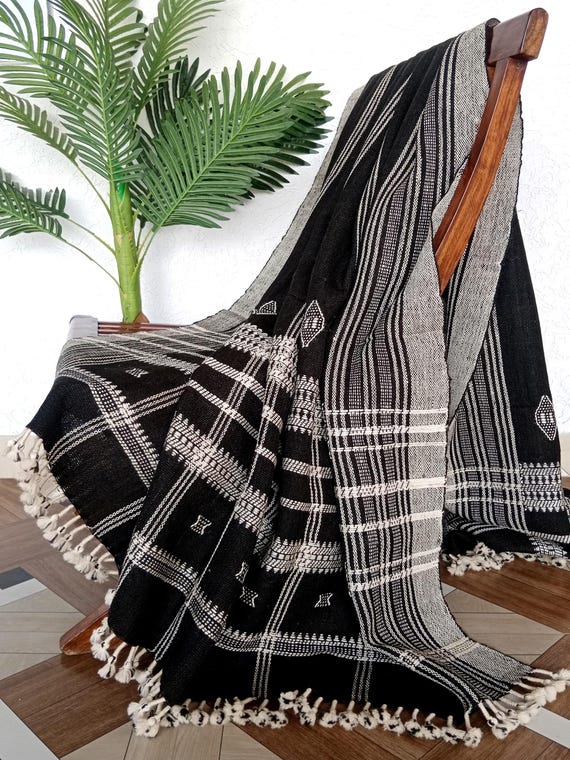 Indian Handmade Wool Throw Blanket | Bhujodi Blanket | Wool Blanket in Handwoven Wool Throw Blanket Cottage Living Room Décor