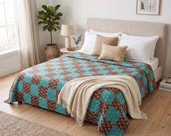 Hand Block Print Kantha Quilt: Floral Cotton Bedspread, Hand Stitched Bedding