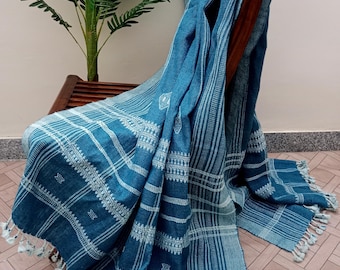Handmade Bhujodi Wool Throw Blanket: Teal Green Indian Blanket with Pompoms