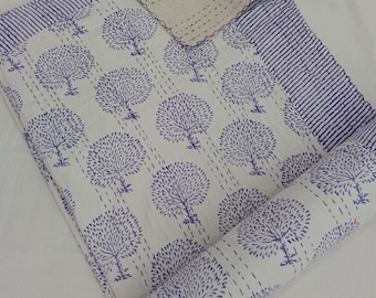 Floral Kantha Quilt Handmade Cotton Kantha Quilt HandBlock Print Bedding Block Print Light Weight Full Size Bedding Bedspread