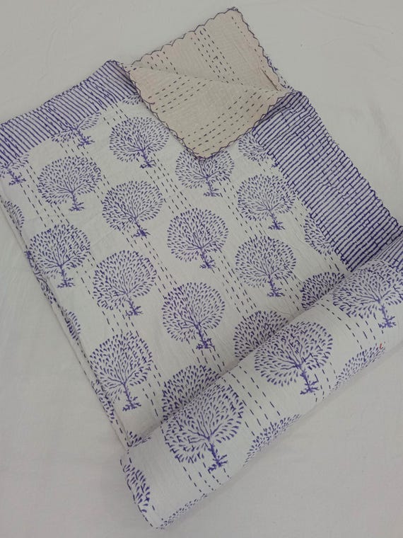 Floral Kantha Quilt Handmade Cotton Kantha Quilt HandBlock Print Bedding Block Print Light Weight Full Size Bedding Bedspread
