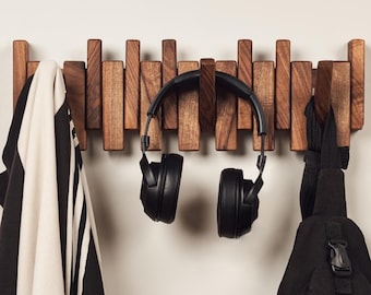 Solid Walnut Beech Wood Piano Coat Rack, Multifunctional Rustic Farmhouse Decor, Hat Towel Storage, Space Saving Magnetic Hook Wall Rack