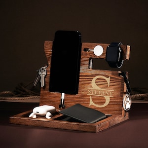 Wooden Phone Stand, Valentine Gift for Him, Dad Birthday Gift, Charging Station, Gift for Boyfriend & Husband, Durable Wood Docking Station