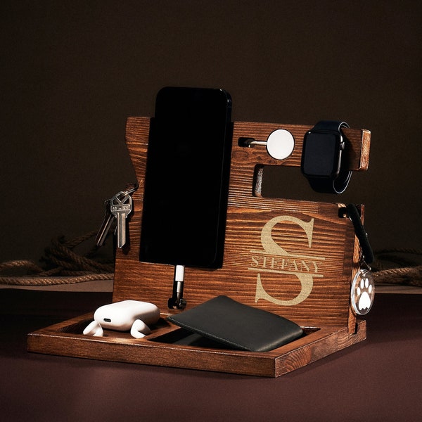 Wooden Phone Stand, Valentine Gift for Him, Dad Birthday Gift, Charging Station, Gift for Boyfriend & Husband, Durable Wood Docking Station