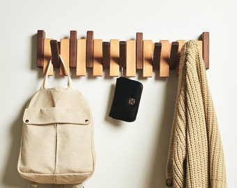 Solid Wood Piano Coat Rack, Wall Mounted Handmade Coat Hat Hanger Backpack Holder, Flip Down Piano Keys Shaped Hook Rack, Housewarming Gift