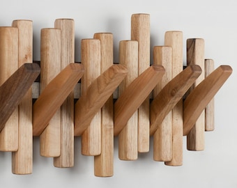 Modern Walnut Wood Staggered Piano Coat Rack, Multifunctional Wall Hat Towel Storage Rustic Farmhouse Decor, Space Saving Magnetic Hook Rack