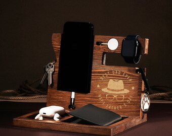 Wood Charging Station, Personalized Docking Station, Valentine Day Gift, Natural Wood Docking, Gift for Him, Organizer for Desk Accessories