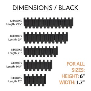 Peut inclure: Porte-manteau mural en bois noir avec 4, 6, 8, 10 et 12 crochets. Le porte-manteau mesure 15,2 cm de haut et 4,3 cm de large. Les crochets sont d&eacute;cal&eacute;s et espac&eacute;s uniform&eacute;ment. Le porte-manteau est pr&eacute;sent&eacute; en diff&eacute;rentes tailles avec les mesures de longueur correspondantes.