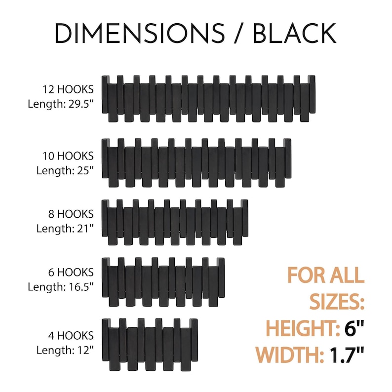 Peut inclure: Porte-manteau mural en bois noir avec 4, 6, 8, 10 et 12 crochets. Le porte-manteau mesure 15,2 cm de haut et 4,3 cm de large. Les crochets sont d&eacute;cal&eacute;s et espac&eacute;s uniform&eacute;ment. Le porte-manteau est pr&eacute;sent&eacute; en diff&eacute;rentes tailles avec les mesures de longueur correspondantes.