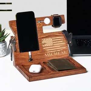 Wooden Phone Stand, Boyfriend Christmas Gift, Fathers Day Keepsake, Mens Desk Organizer, Personalized Gifts for Dad, Docking Station